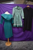Three vintage dresses, including tailored green wool dress with large sailor collar,black 1950s wool