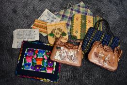 A collection of vintage bags from Burma, including two with hand painted scenes to fronts,and