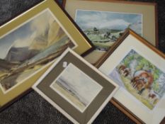 Four prints, after Brathwaite, The Wayside Halt, signed, 18 x 25cm, after Hawkes, Bardsea, signed,