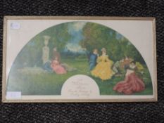 A print on silk, after, Dudley Hardy, A Watteau fan, attributed verso, dated 1897, 20 x 37cm, framed