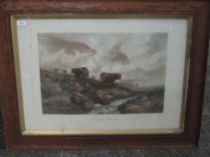 A print, A Misty Morning, Edwardian highland cattle, 45 x 65cm, framed and glazed