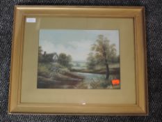 A gouache painting, river cottage, 23 x 30cm, framed and glazed