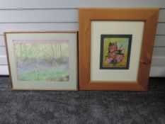 A watercolour, woodland meadow, 32 x 42cm, framed and glazed, and an oil painting, Sam, still