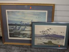 A limited edition print after Peter Scott, geese, signed and numbered 169/250, 55 x 68cm, framed and