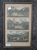 An engraving, triptych, View of Derwentwater, Broadwater, and Winandermere, late 18th century,