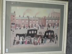 A print, after Helen Bradley, vintage townscape, 45 x 58cm, framed and glazed