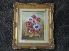 An oil painting on board, still life, signed, 29 x 18cm, framed and glazed