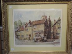 A print after Sturgeon, vintage village scene, signed, 40 x 50cm, framed and glazed
