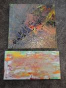 An oil painting, stylised splash, 56 x 56cm, and a similar painting, 30 x 60cm