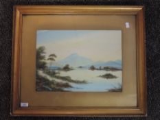A gouache painting, Scottish loch scene, indistinctly signed, 29 x 40cm, framed and glazed
