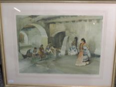 A print after William Russell Flint, Spanish ladies in cloister, signed, 42 x 54cm, framed and