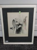 A print after Edmund Blampied, Judging in an Art Gallery, dog interest, 34 x 25cm, framed and