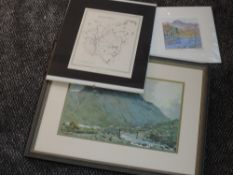 A print, after Williamson, Blea Tarn and the Langdales, signed, 14 x 14cm, a print after Heaton