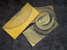 Three oil paintings, stylised yellow spirograph, each 70 x 30cm or 30 x 70cm