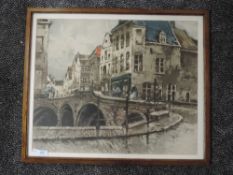 A print, A street in Flanders, 45 x 55cm, framed and glazed