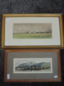 A watercolour, military camp. 13 x 22cm, and a watercolour, landscape, 9 x 28cm, framed and glazed