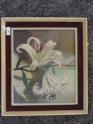 An oil painting on board, attributed to Tuson, lillies, signed and dated 1962 verso, 27 x 32cm,