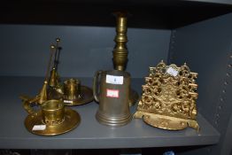 A collection of items including brass letter rack,candle stick holders with snuffers and a tankard.