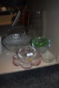 A selection of clear cut and colour glass wares including fruit bowls vase and tray