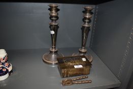 A selection of plated metal wares including candle stick pair also an arts and crafts styled humidor