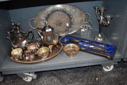 A selection of plated ware and similar including ornate boxed fish servers,tray, candle stick holder