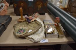 A collection of vintage items including sequinned hat pins and similar, a beaded coin purse, two