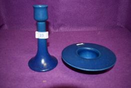 A mottled cobalt blue Royal Lancastrian candle holder and candle stick.