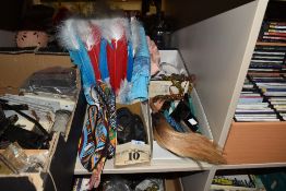 A mixed lot of vintage and retro items including shoes,fabric and jewellery.