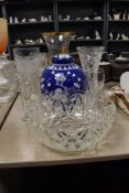 A variety of glass including fruit bowl,vases and more, also a blue and white ginger jar.