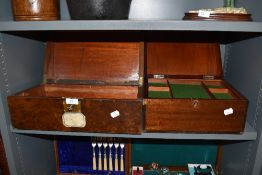 Two antique writer cases one having burr wood veneer and similar mahogany cased