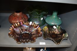 A selection of art glass including two pressed carnival bowls two squat mottled vase and Loetz