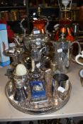 A selection of fine silver plated and similar wares including naturalistic design spirit kettle