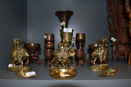 A selection of brass wares including two finely cast in brass and detailed Burmese elephants