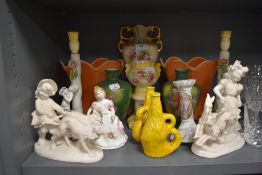 A selection of ceramics including two Italian lamp bases and yellow lava style Bretby vase