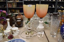 A pair of graduated glass light shades in the form of tulip flowers and similar lamp bases