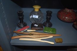 A selection of dressing table items including large clear cut scent bottle with stopper and lid in