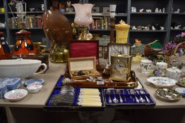 A selection of table wares including butlers tray boxed cutlery and jewellery case