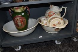 A selection of ceramic toiletries including wash stand set and twin handle vase