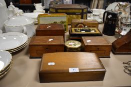 A selection of jewellery trinket and similar cases and boxes also two collectable tins