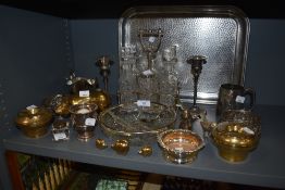A mix of metal ware and glass including graded Brass pigs,ash tray, cruet set and more.
