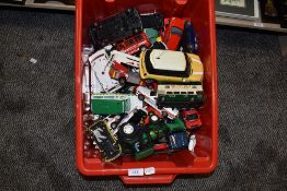 A box of modern diecasts including Corgi, Matchbox and similar