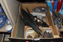 A box of mixed items including hinges, jacks, wall vent covers and more useful items.