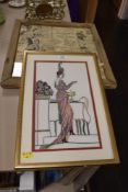 A collection of vintage newspaper adverts in frame and art deco style embroidered lady.