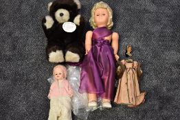 A 1930's Candy Box style Wax Headed Doll, Anne Boleyn (af), two 1960's Chiltern and similar hard pl