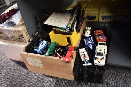 Eight 1980's Scalextric Formula One and similar cars along with track, controllers and a 25th