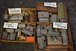 Twelve boxes of 00 gauge kit built accessories and buildings including Engine Sheds, Platforms,