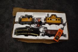 A Aristo G scale Lil Critters Train Set comprising Union Pacific loco & tender, one wagon, track and