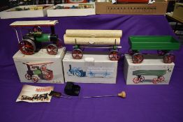 A Mamod Live Steam Tractor TE1A, Open Wagon and Timber Wagon, all three items in original boxes
