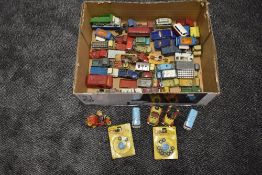 A box of Corgi playworn diecast vehicles and accessories including Noddy's car, Magic Roundabout,