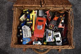 A selection of playworn diecast and pressed steel vehicles including Corgi, Matchbox, Dinky, Tonka